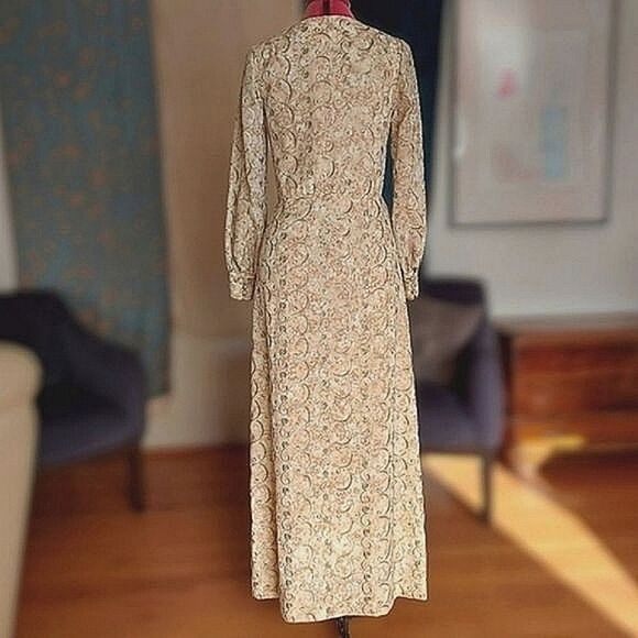 Vtg 70s tailor-made brocade formal V-neck faux wrap gown - Picture 2 of 14